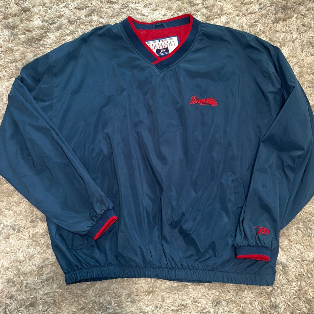 Vintage Pro Player Atlanta Braves MLB Windbreaker Pullover Navy Blue Mens XL